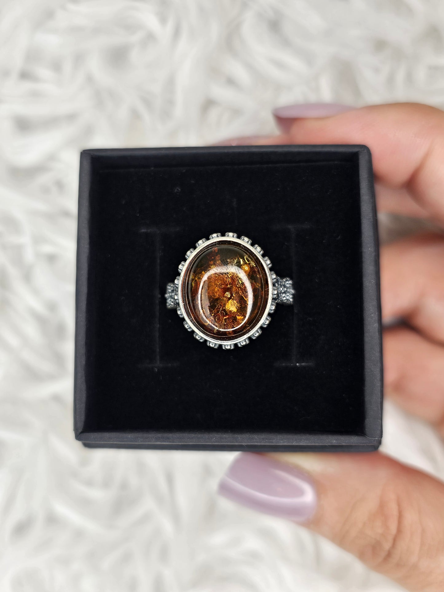 S925 Silver Adjustable Flower Amber Ring - MAS1036