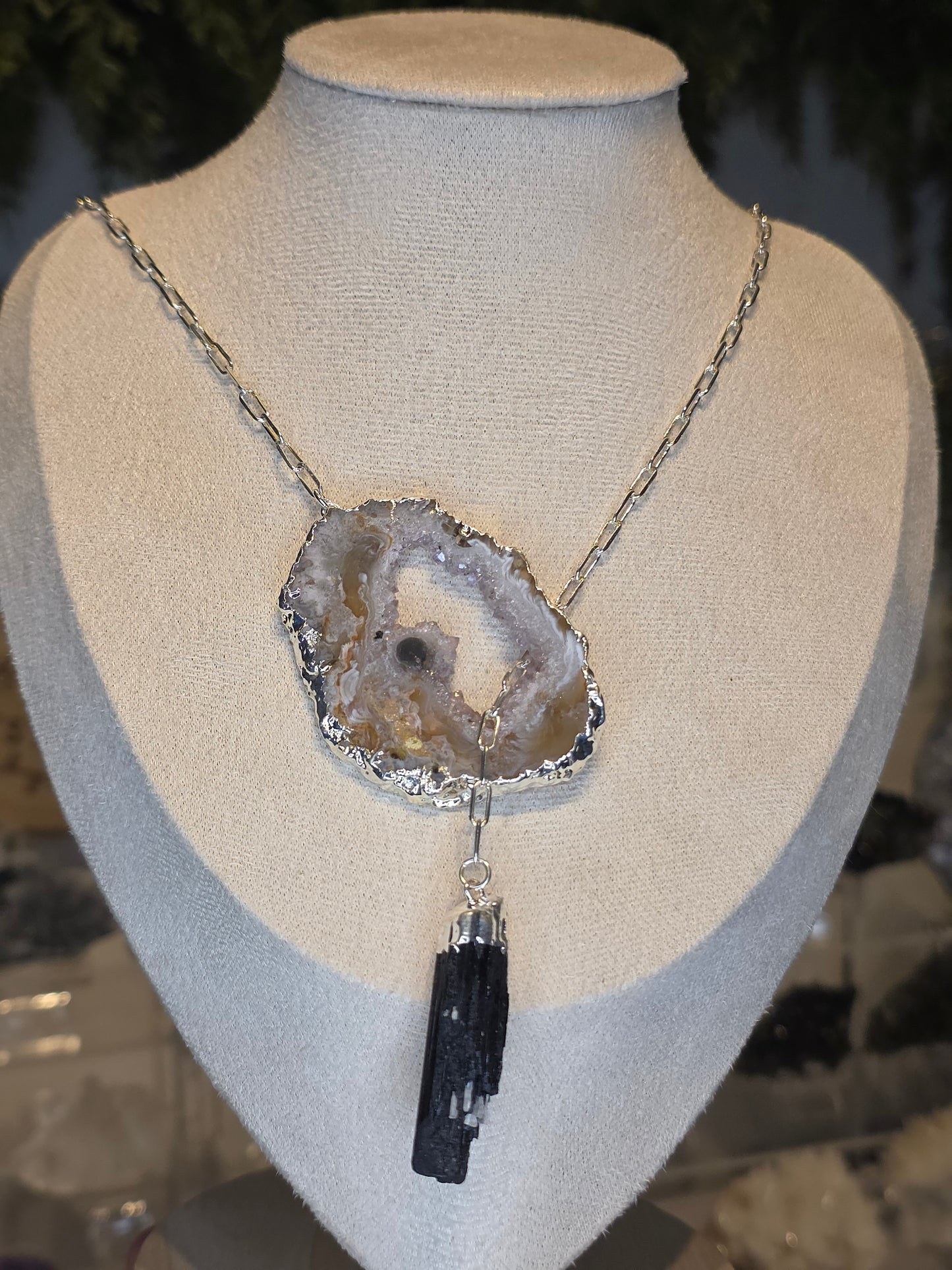 Silver Plated Druzy Brazilian Agate Necklace with Black Tourmaline Drop B