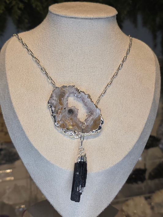 Silver Plated Druzy Brazilian Agate Necklace with Black Tourmaline Drop B