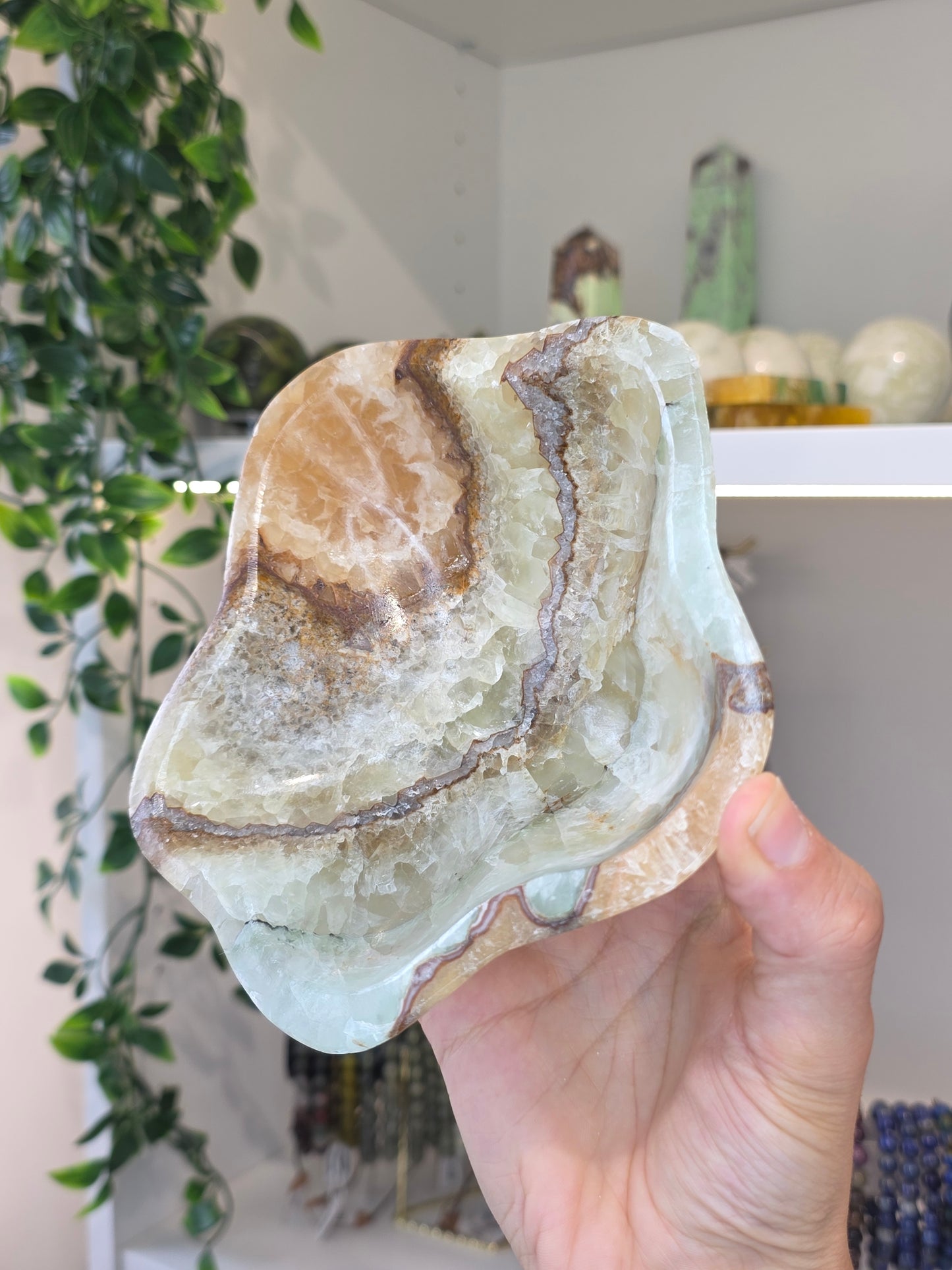 Mexican Onyx Freeform Bowl - Green Honey Calcite - B