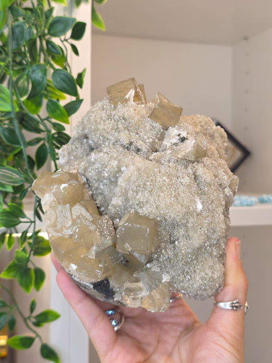 Honey Calcite Cubes on Druzy Sugar Calcite and Stilbite Matrix from Madhya Pradesh, India - AK