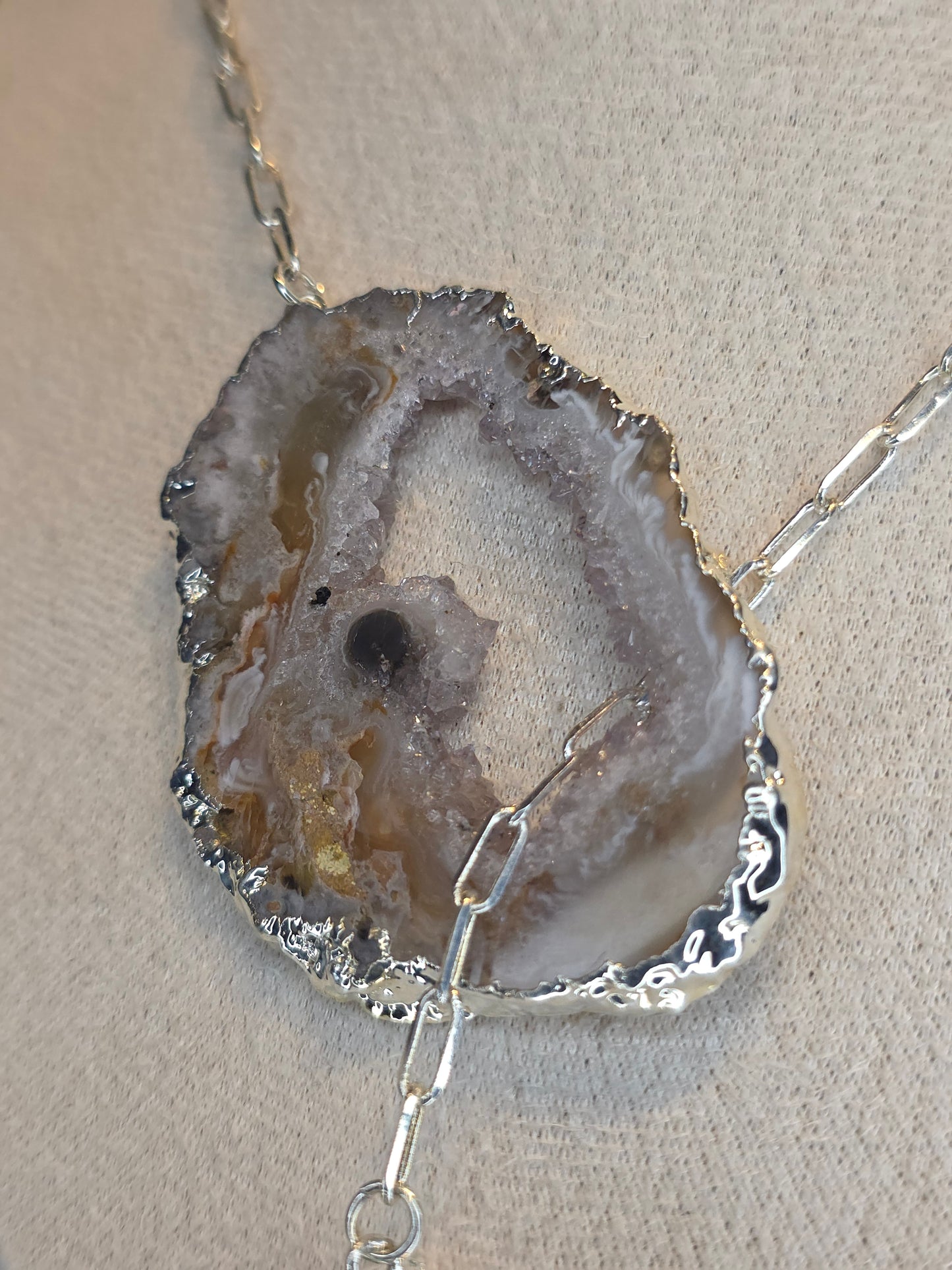 Silver Plated Druzy Brazilian Agate Necklace with Black Tourmaline Drop B