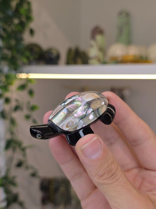Hand Carved Mexican Obsidian Turtle with Abalone Shell - A