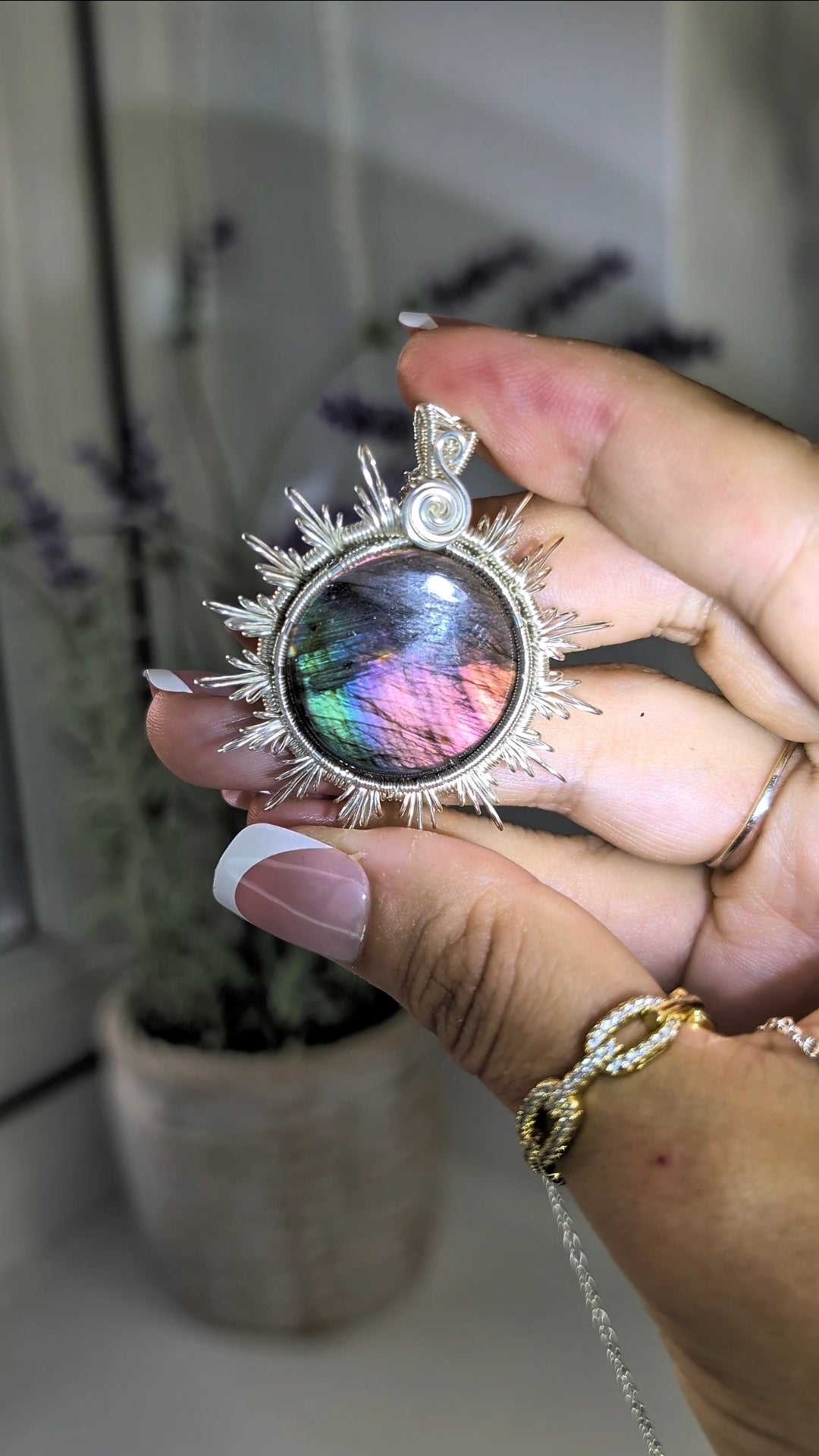 Hand Woven Silver Labradorite Sun Necklace with S925 Silver Chain -  Rainbow Flash