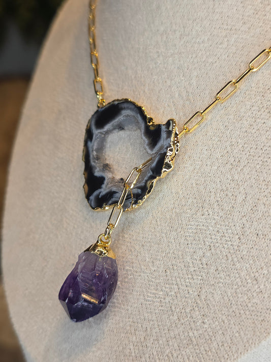 18ct Gold Plated Druzy Brazilian Agate Necklace with Amethyst Drop C