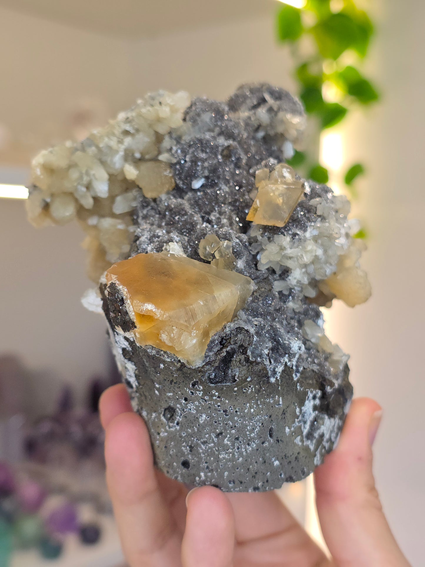 Honey Calcite on Black Chalcedony with Stilbite (I) from Madhya Pradesh India