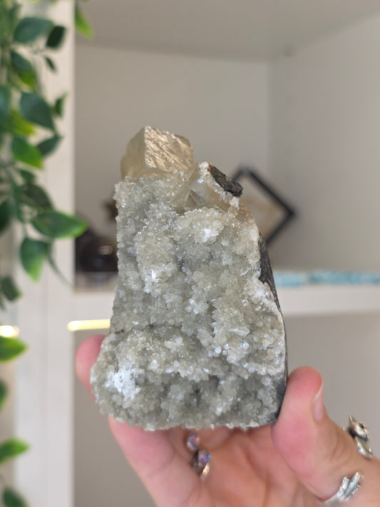 Honey Calcite Cubes on Druzy Sugar Calcite and Stilbite Matrix from Madhya Pradesh, India - U