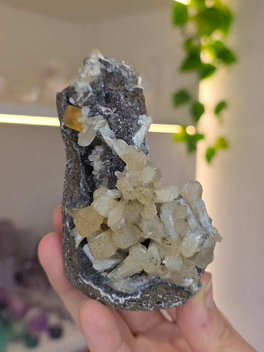 Honey Calcite on Black Chalcedony with Stilbite (AB) from Madhya Pradesh India