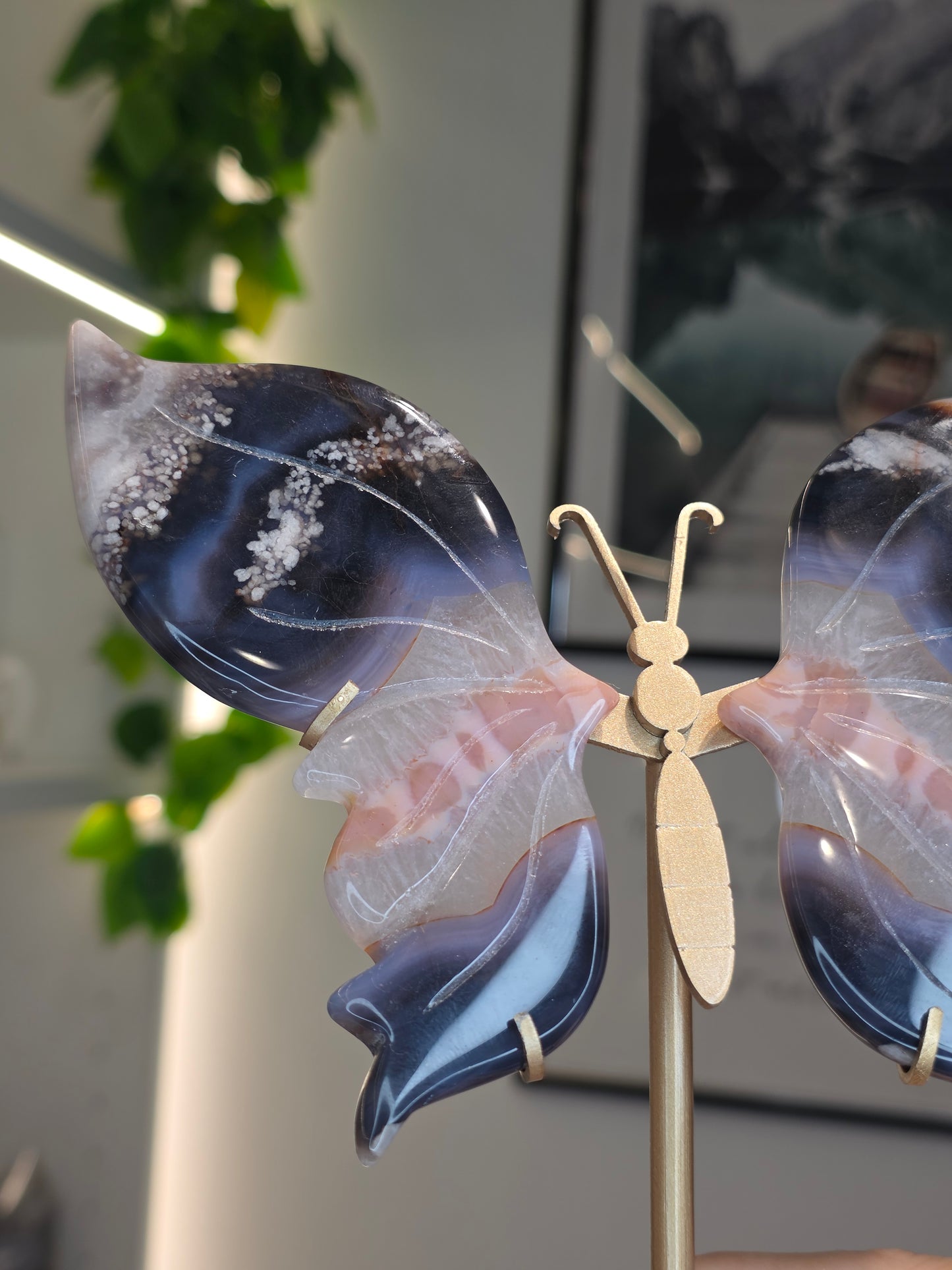 Blue Flower Agate Butterfly Wings on Custom Stand - D