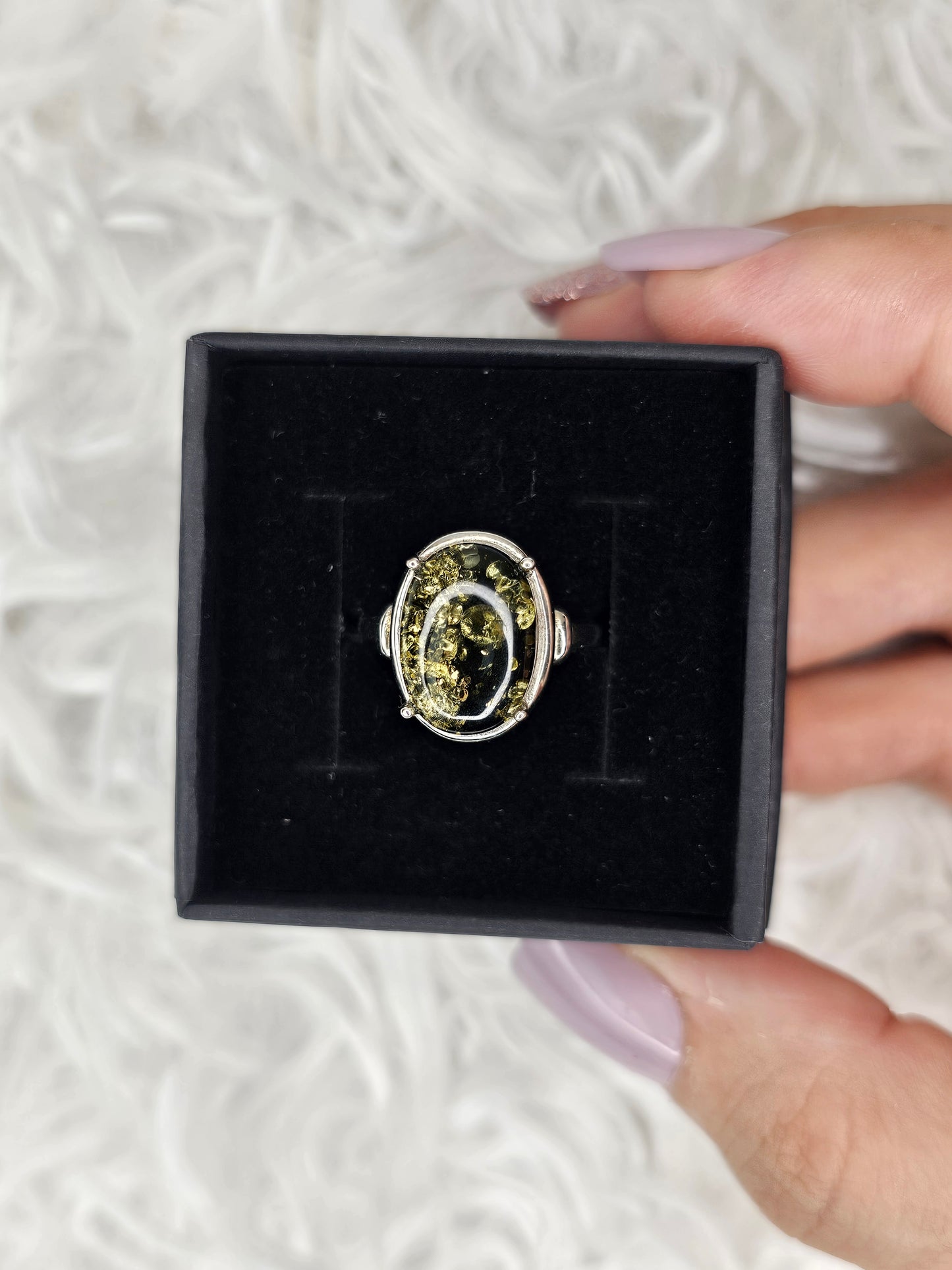S925 Silver Adjustable Black Amber Ring - MAS1046