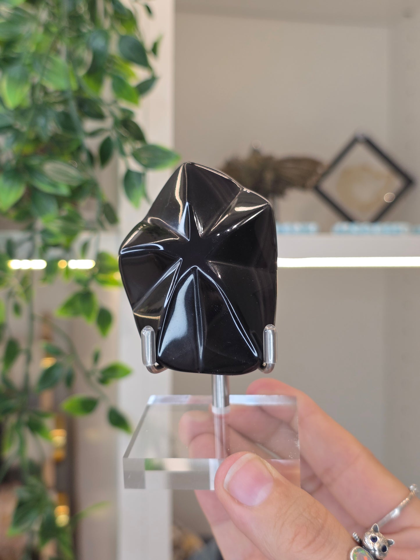 Mexican Rainbow Obsidian Star Carving with stand - C