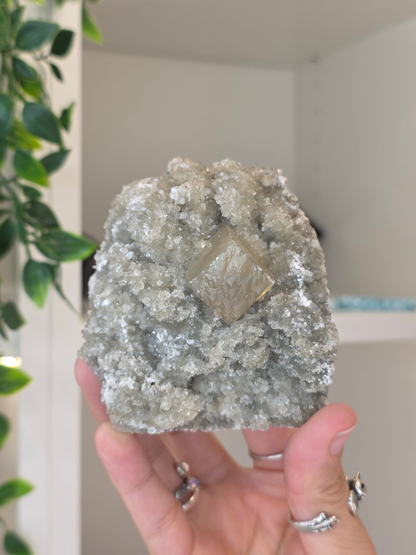 Honey Calcite Cubes on Druzy Sugar Calcite and Stilbite Matrix from Madhya Pradesh, India - AB