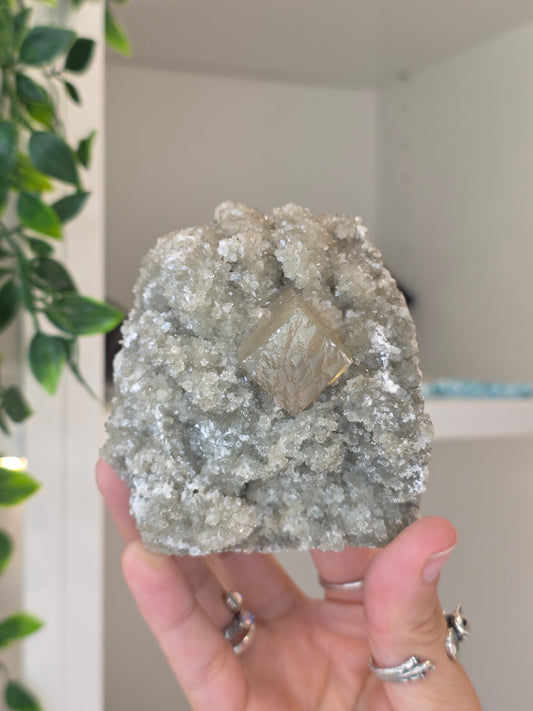 Honey Calcite Cubes on Druzy Sugar Calcite and Stilbite Matrix from Madhya Pradesh, India - AB