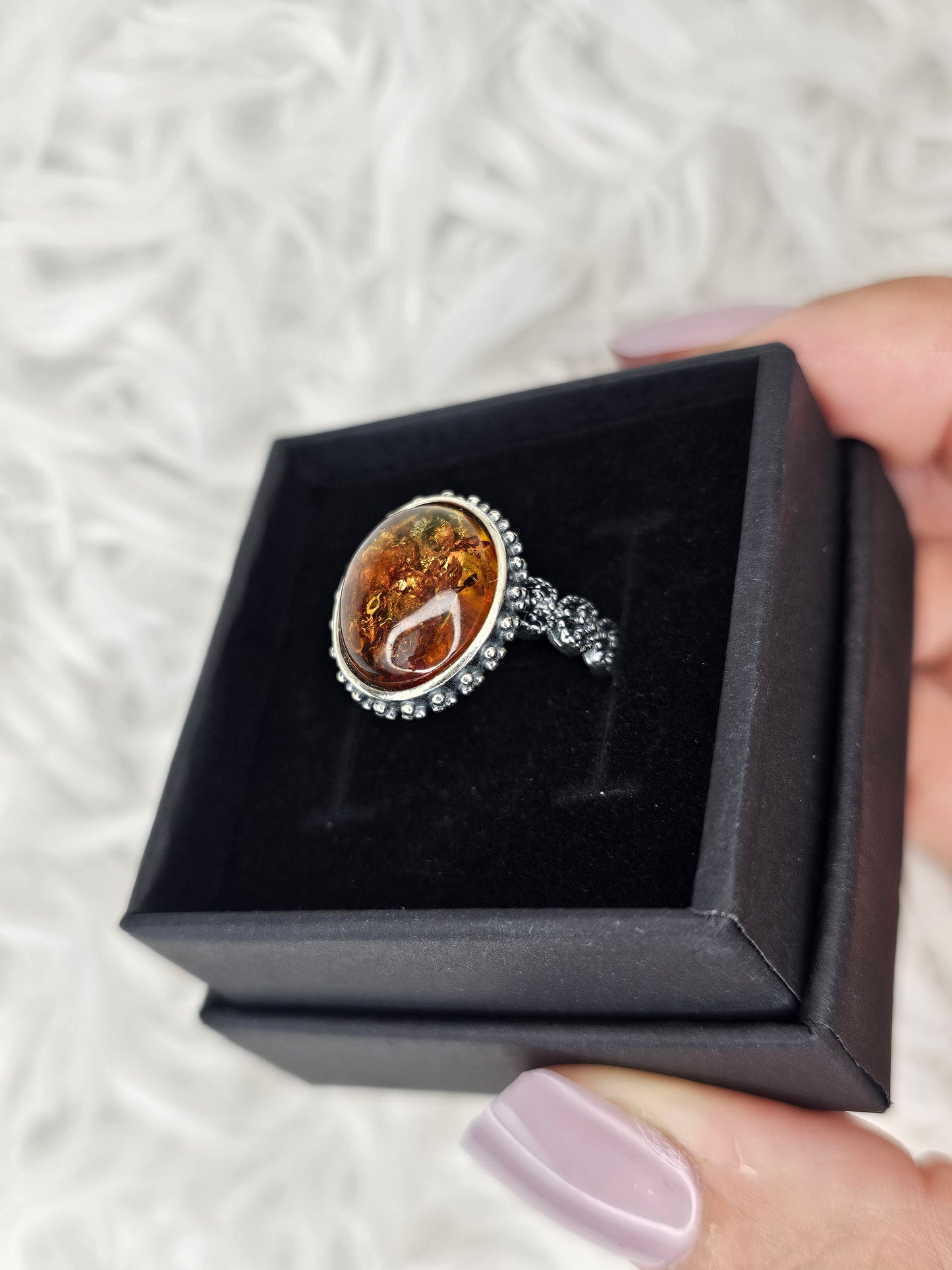 S925 Silver Adjustable Flower Amber Ring - MAS1036