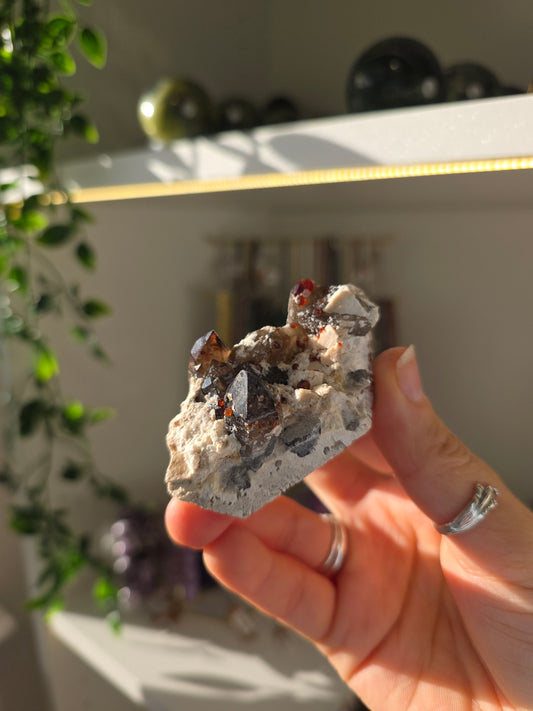 Garnet on Feldspar with Smokey Quartz from Tongbei, Yunxiao, Fujian China D