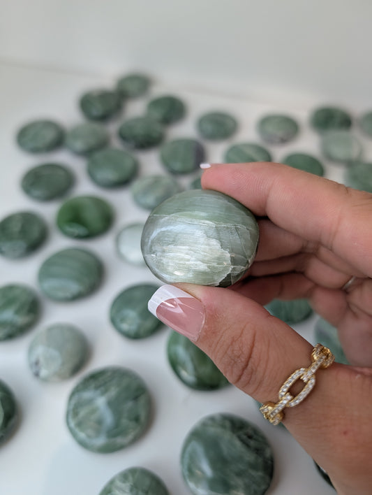 Intuitively Chosen Indian Green Kammererite Button Flat Palm Stones