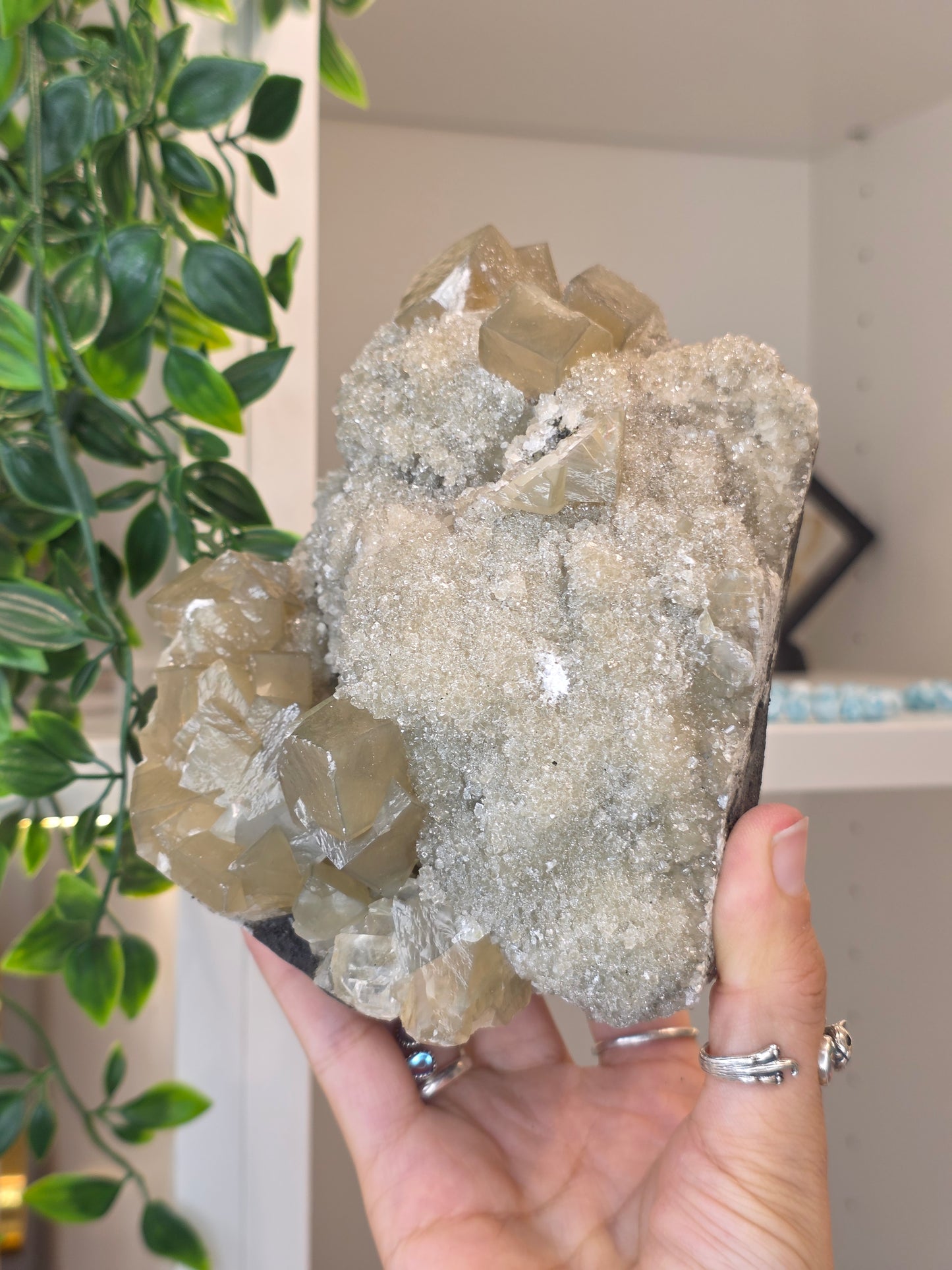 Honey Calcite Cubes on Druzy Sugar Calcite and Stilbite Matrix from Madhya Pradesh, India - AK