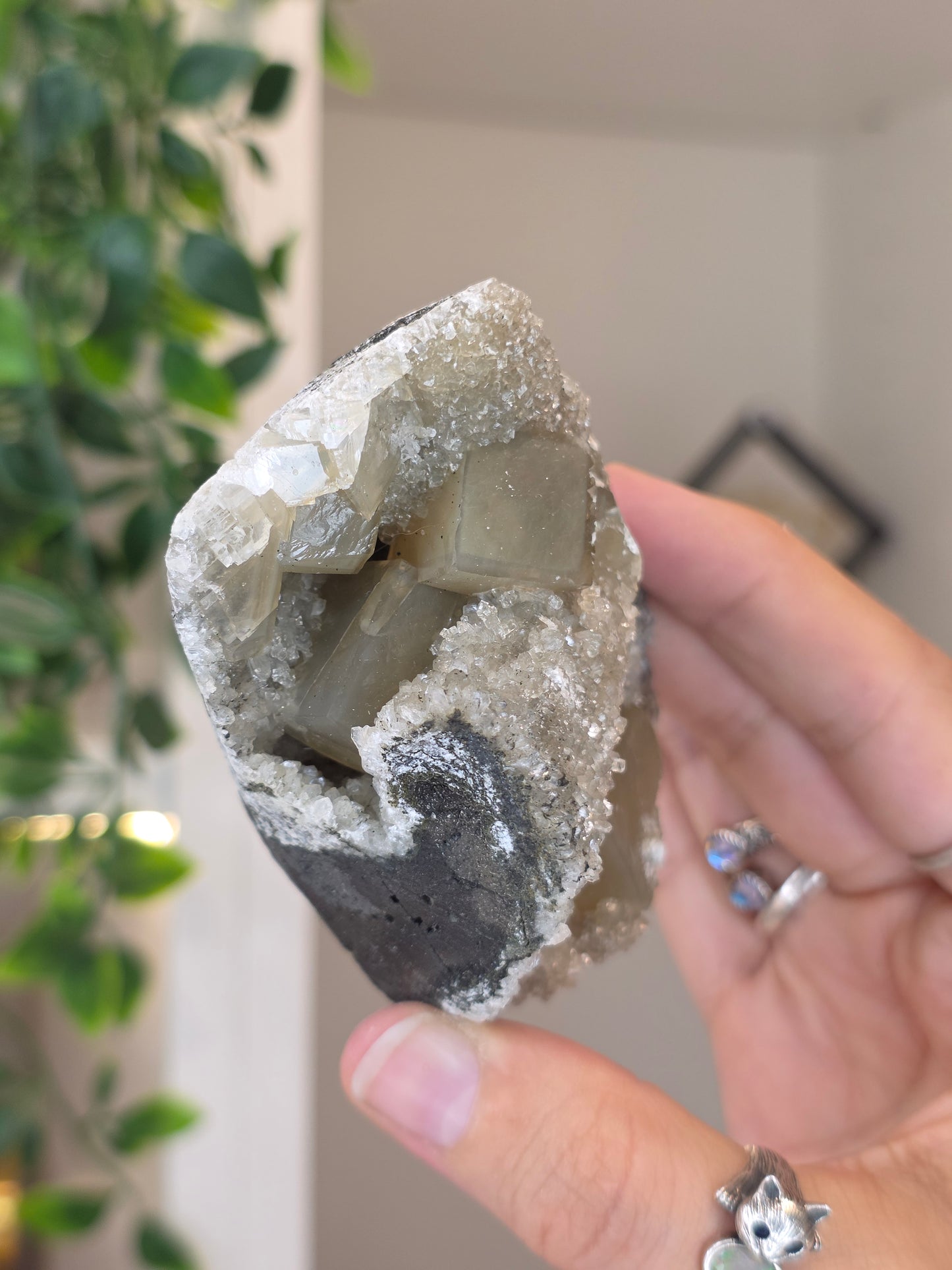 Honey Calcite Cubes on Druzy Sugar Calcite and Stilbite Matrix from Madhya Pradesh, India - V