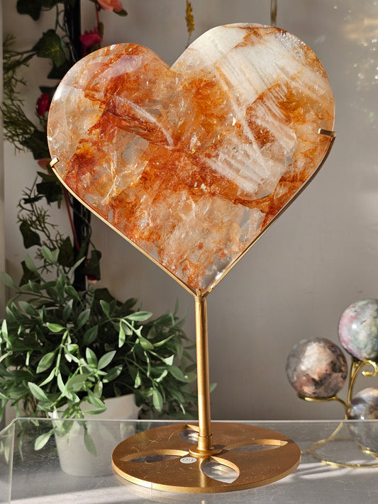 High Quality Golden Healer Fire Quartz Heart on Custom Stand - MAS0814